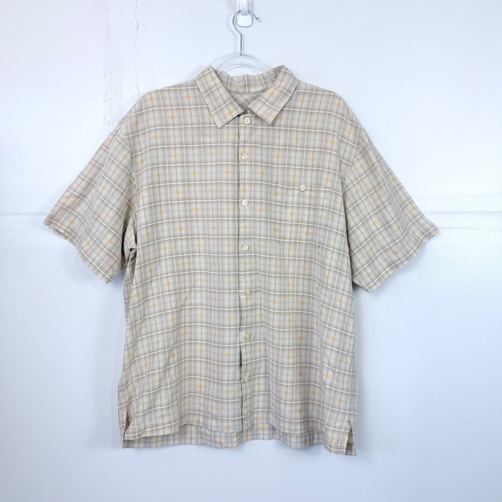 Tommy Bahama Mens XL Tencel Plaid Embroidered Short Sleeve Button Down Shirt Tan